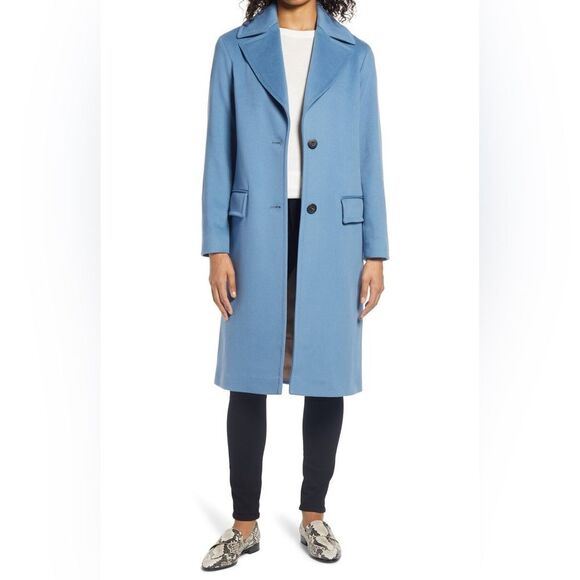 FLEURETTE  100% Wool Oversized Corn Flower Blue Notch Collar Longline Peacoat - Picture 1 of 16